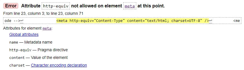 Error Attribute http-equiv not allowed on element meta at this point