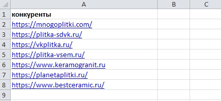 конкуренты в эксель